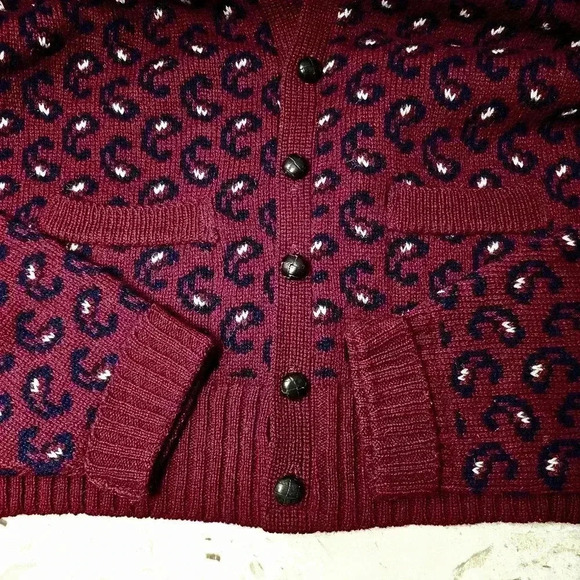 🛑 Woodward Shop Vintage Mens Wool Knit Cardigan Scotland Maroon Paisley Medium - Picture 3 of 7